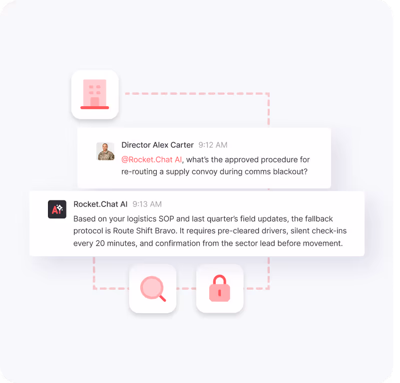 Chat interface showing a conversation between Director Alex Carter asking Rocket.Chat AI about supply convoy rerouting during comms blackout, and Rocket.Chat AI responding with fallback protocol details including Route Shift Bravo and driver requirements.